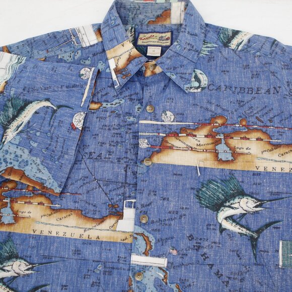 VTG Kahala Hawaiian Shirt Mens Medium Cotton Caribbean Sea map print swordfish - Picture 1 of 13